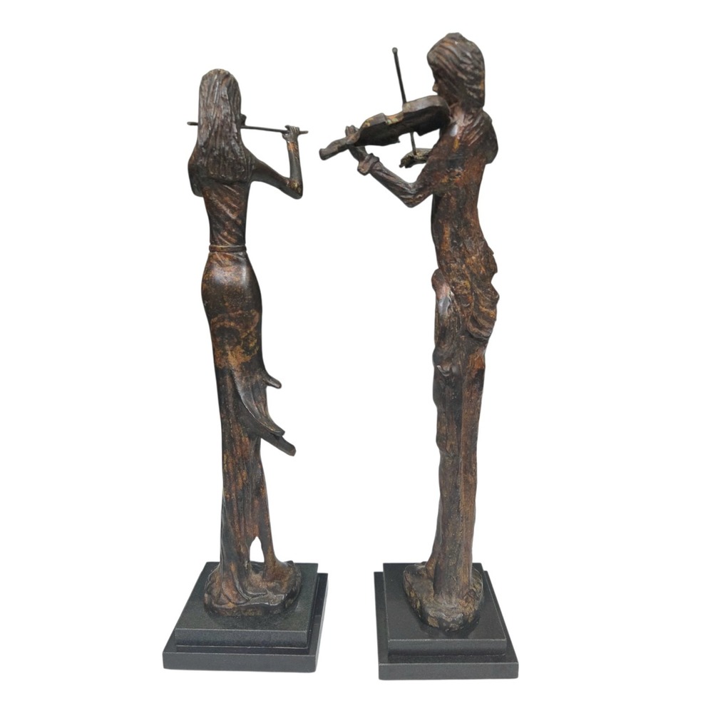 Vintage BRONZE Modernist Man And Women Violinist Flutist 22 Inch Heavy Tall Vtg